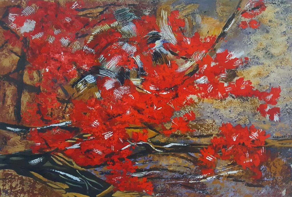 Painting - Flame of the forest, Mixed media on canvas,35x23inches, SGD 850, Asawari Wadeka